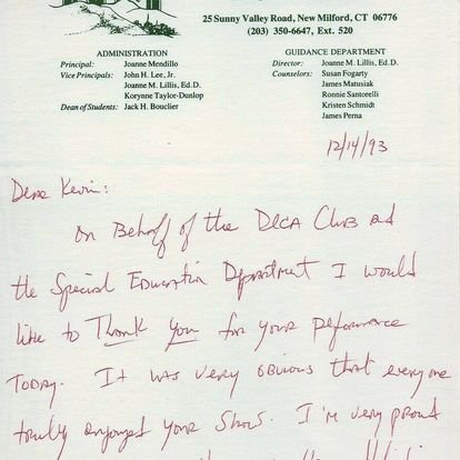 Scan of a handwritten thank‑you note complimenting Mo Magic